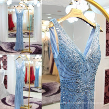 Luxury Full Handmade High Quality Beaded Sequin Mermaid Evening Dresses 2016 Blue Sexy V-neck Custom Made Real Picture ML203